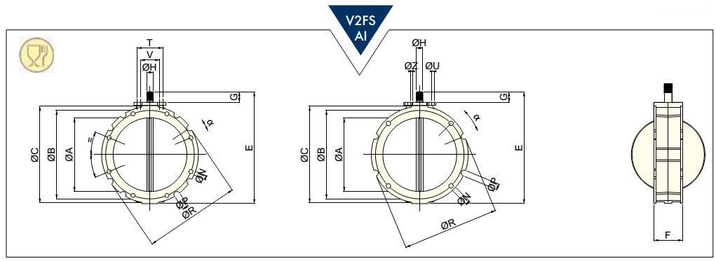 V2FSAI食品级蝶板304不锈钢型粉体蝶阀外形尺寸图