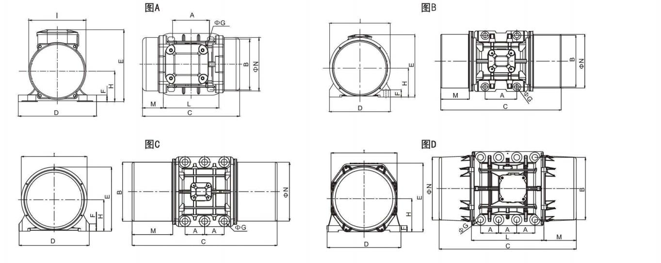 MVE型振动电机6极数和8极数尺寸图